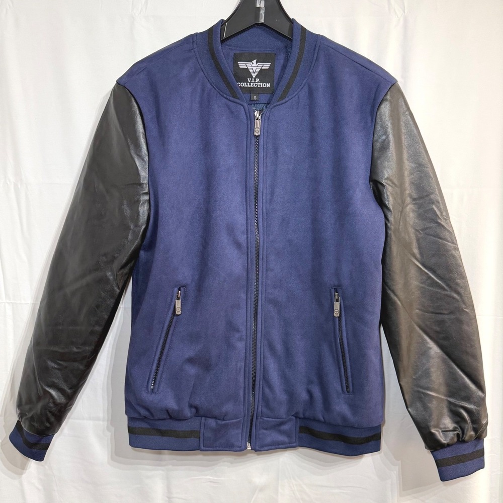 VIP Collection Mens S Navy Faux Suede Bomber Jacket Black‎ Sleeves NWT flaw